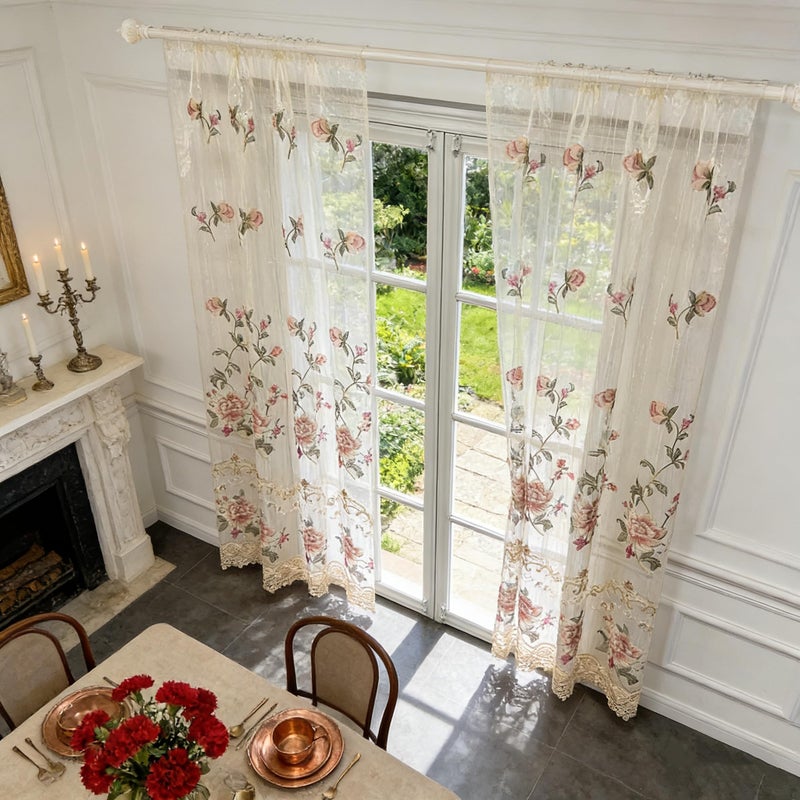 WPKIRA Delicate European Embroidered Floral Sheer Curtains Rod Pocket Royal Romantic Window Treatment Voile Curtain for Bedroom/Villa Natural Light Flow Luxury Tulle Curtain 1 Panel W40 x L84 inch - Image 2